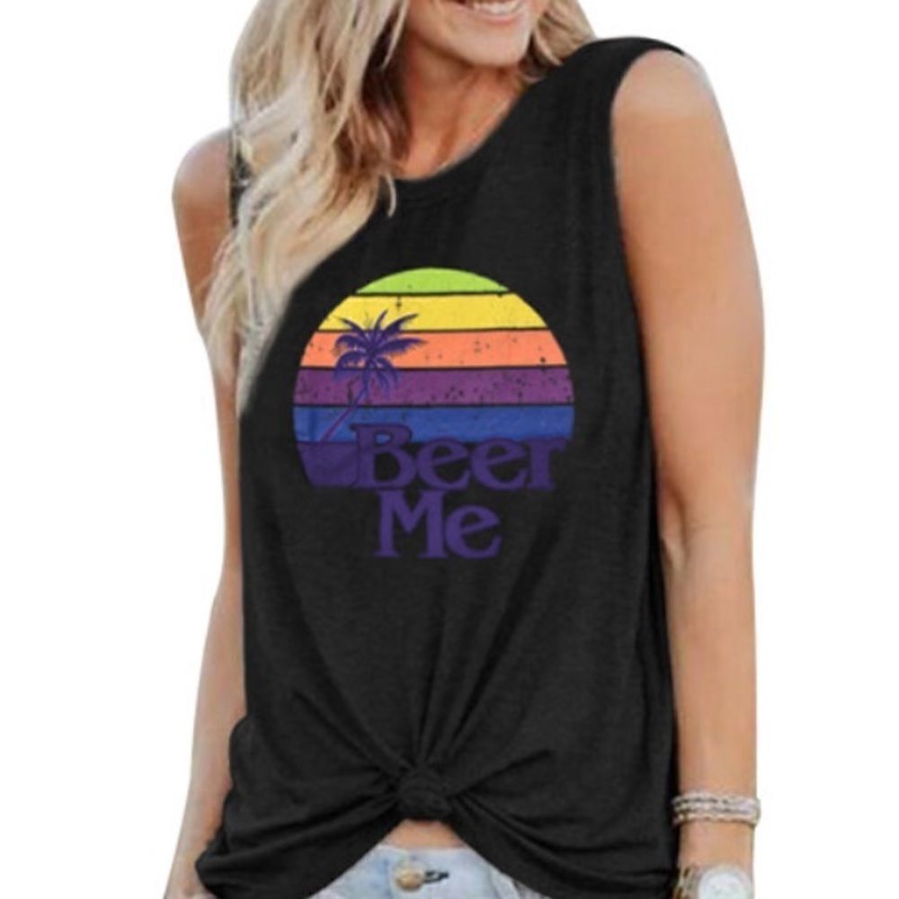 Crew neck sleeveless tee shirt casual tank ‘Beer Me’ in black